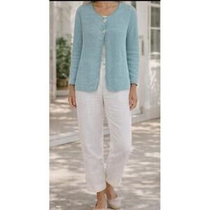 Flora Knit Cardigan Sweater Womens Size Medium Aqua New England Grandma Coastal